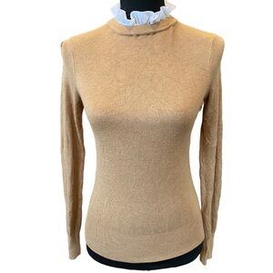 Zara Knit Tan Brown Sweater with White Ruffle Collar Size Small